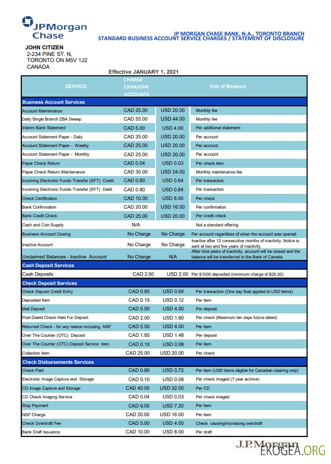 Modèle de relevé bancaire de preuve d'adresse Canada JP Morgan Chase au format Excel et PDF (AutoSum)